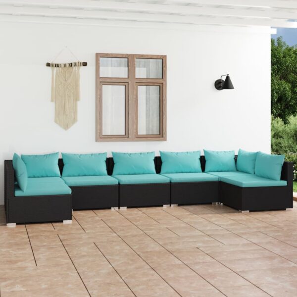 7-delige Loungeset met kussens poly rattan zwart