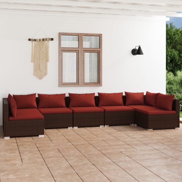 7-delige Loungeset met kussens poly rattan bruin