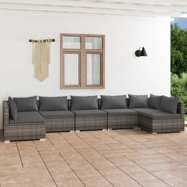 7-delige Loungeset met kussens poly rattan grijs