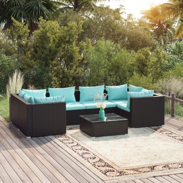 7-delige Loungeset met kussens poly rattan zwart