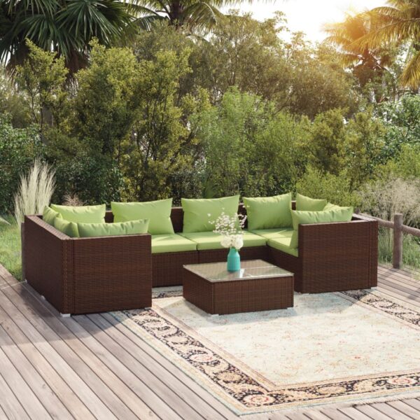 7-delige Loungeset met kussens poly rattan bruin