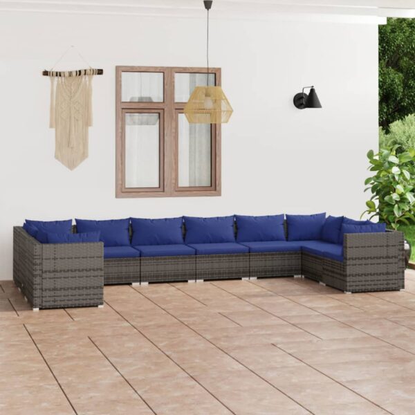 10-delige Loungeset met kussens poly rattan grijs