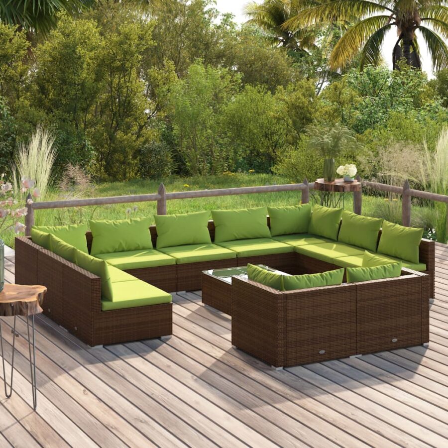 12-delige Loungeset met kussens poly rattan bruin
