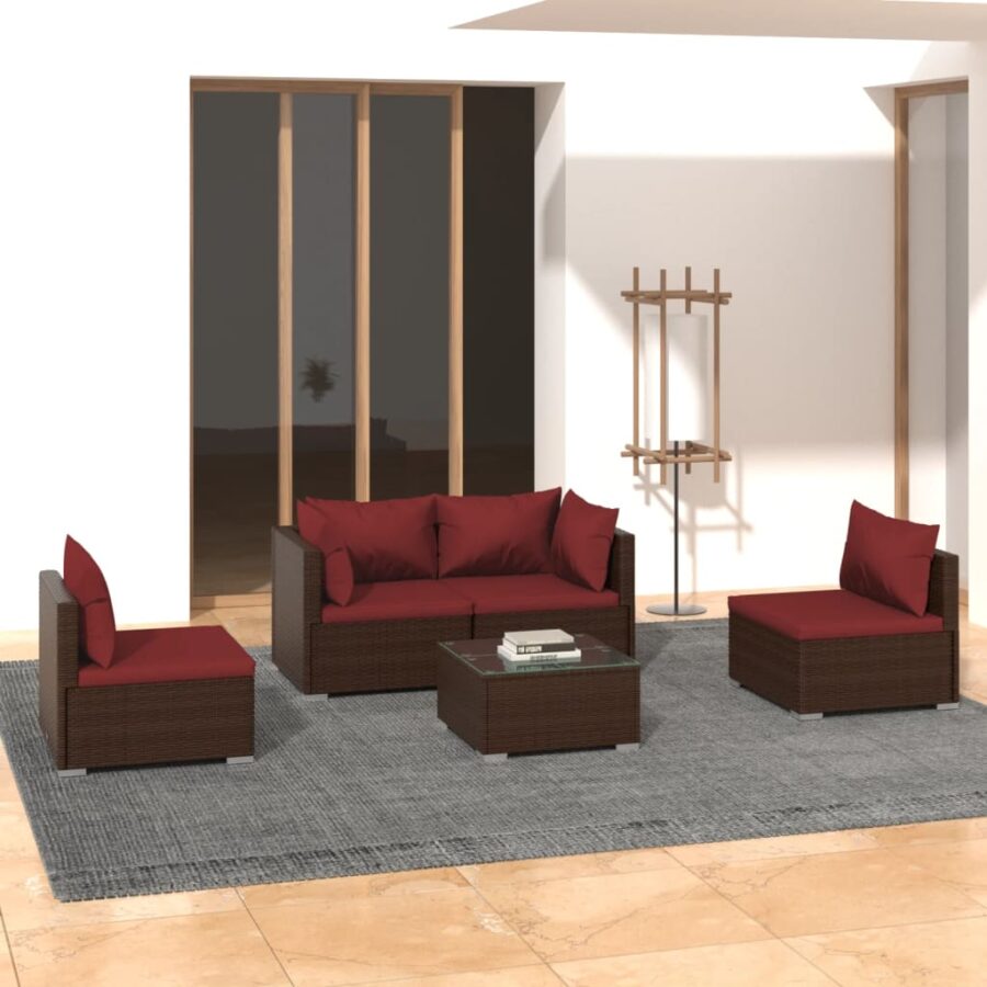5-delige Loungeset met kussens poly rattan bruin
