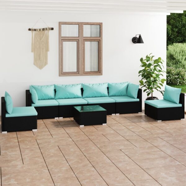 7-delige Loungeset met kussens poly rattan zwart