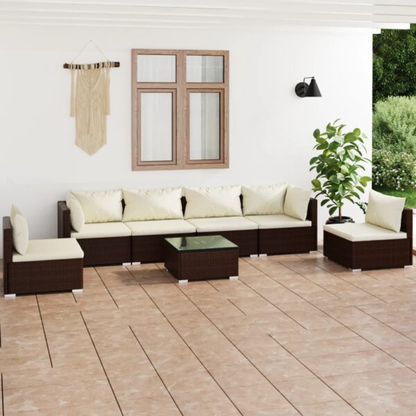 7-delige Loungeset met kussens poly rattan bruin