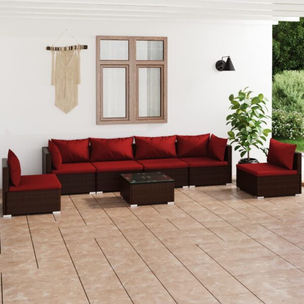 7-delige Loungeset met kussens poly rattan bruin