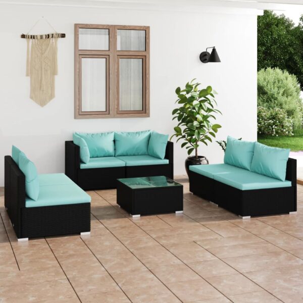 7-delige Loungeset met kussens poly rattan zwart