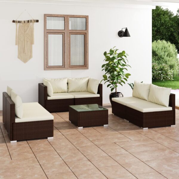7-delige Loungeset met kussens poly rattan bruin