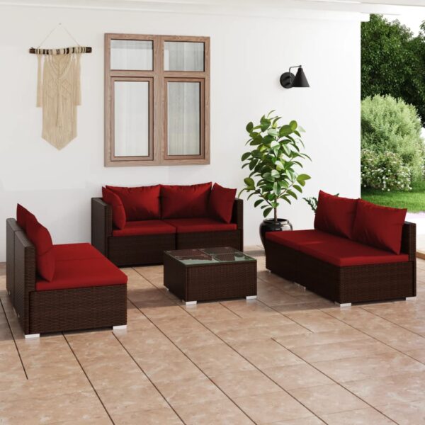 7-delige Loungeset met kussens poly rattan bruin