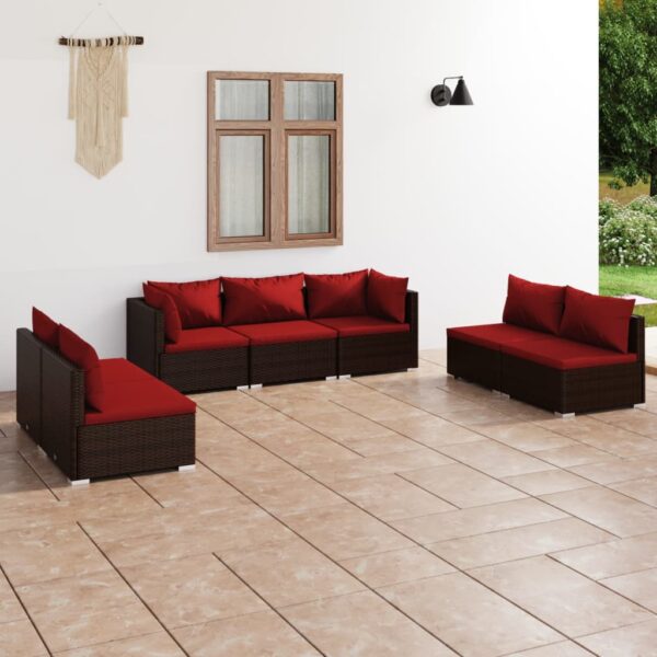 7-delige Loungeset met kussens poly rattan bruin