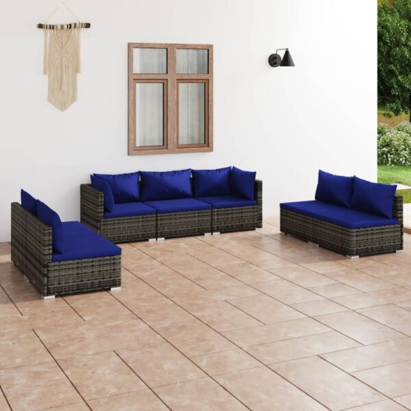 7-delige Loungeset met kussens poly rattan grijs