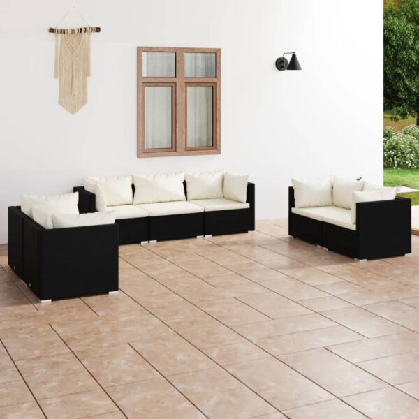 7-delige Loungeset met kussens poly rattan zwart