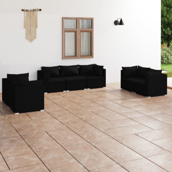 7-delige Loungeset met kussens poly rattan zwart