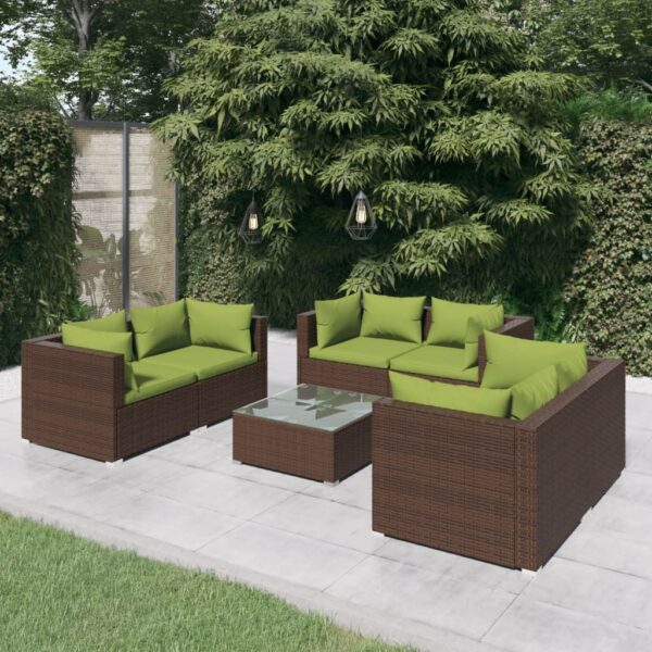 7-delige Loungeset met kussens poly rattan bruin