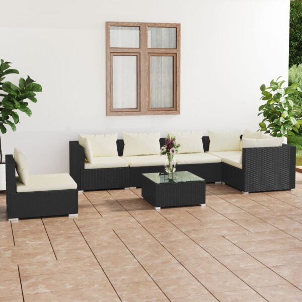 7-delige Loungeset met kussens poly rattan zwart