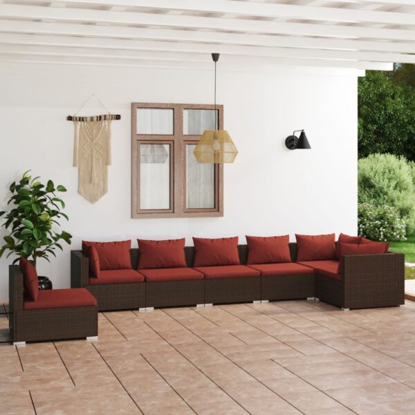 7-delige Loungeset met kussens poly rattan bruin
