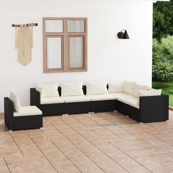 7-delige Loungeset met kussens poly rattan zwart