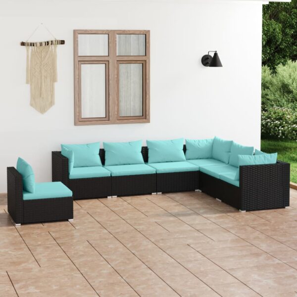 7-delige Loungeset met kussens poly rattan zwart