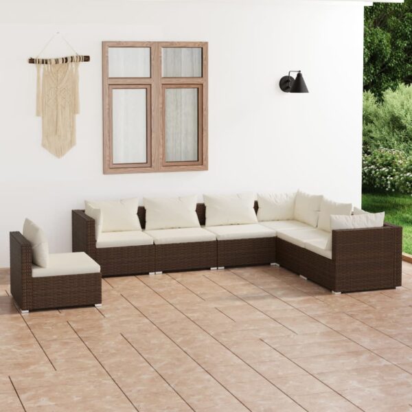 7-delige Loungeset met kussens poly rattan bruin