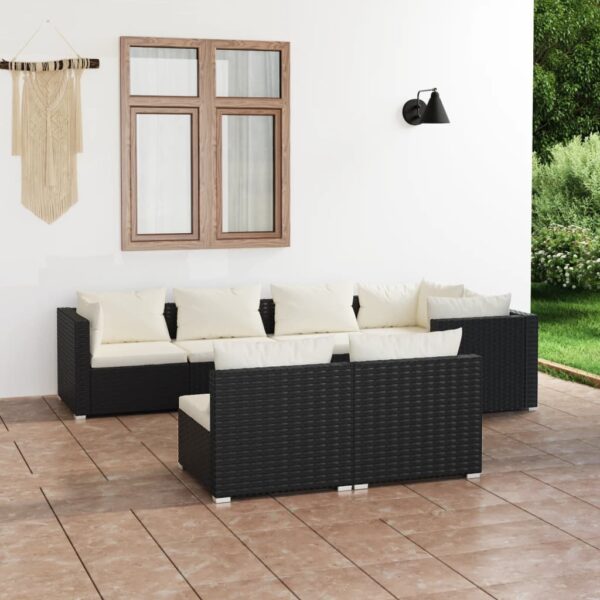 7-delige Loungeset met kussens poly rattan zwart