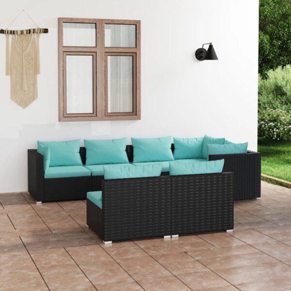 7-delige Loungeset met kussens poly rattan zwart
