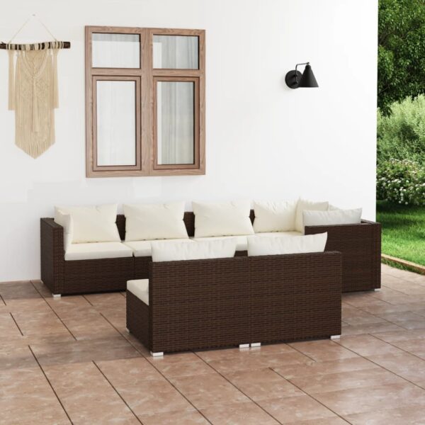 7-delige Loungeset met kussens poly rattan bruin