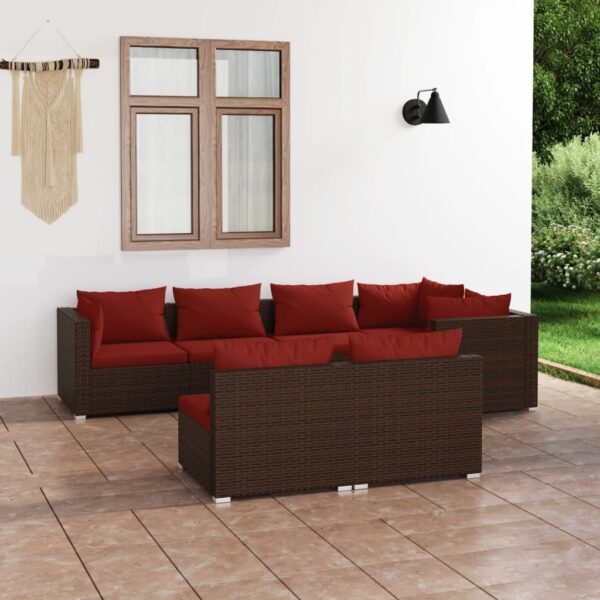 7-delige Loungeset met kussens poly rattan bruin