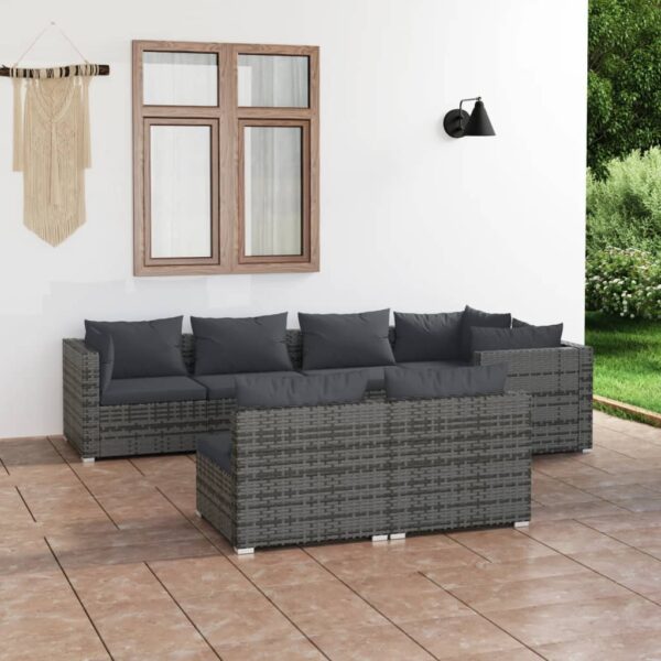 7-delige Loungeset met kussens poly rattan grijs
