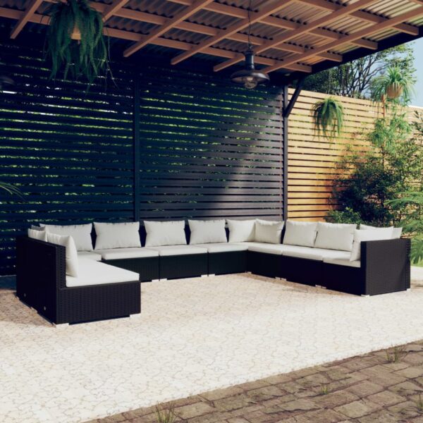 10-delige Loungeset met kussens poly rattan zwart