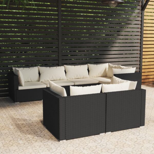 7-delige Loungeset met kussens poly rattan zwart