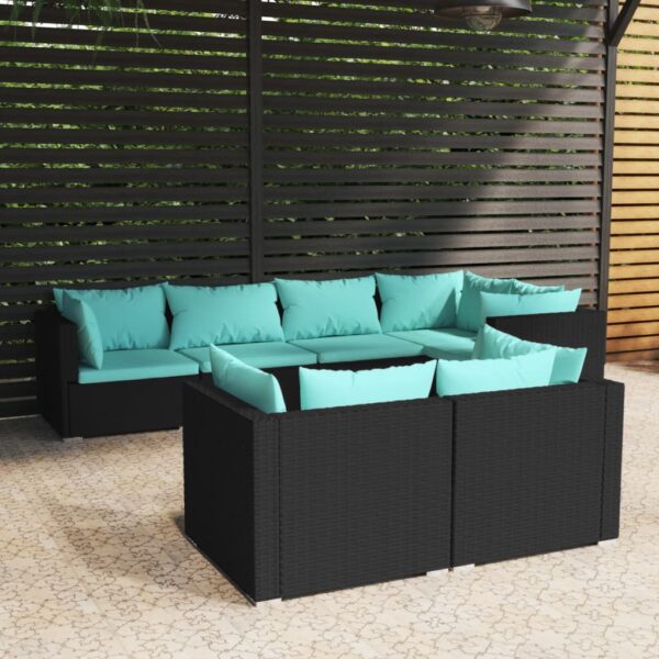 7-delige Loungeset met kussens poly rattan zwart