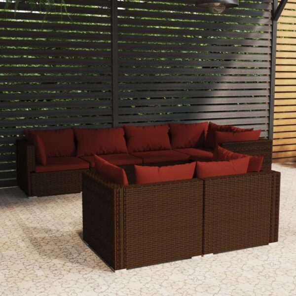 7-delige Loungeset met kussens poly rattan bruin