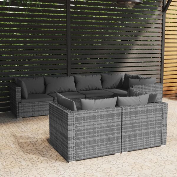 7-delige Loungeset met kussens poly rattan grijs