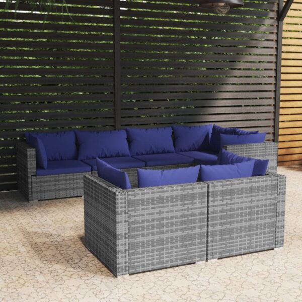 7-delige Loungeset met kussens poly rattan grijs