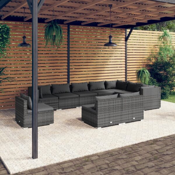 10-delige Loungeset met kussens poly rattan grijs