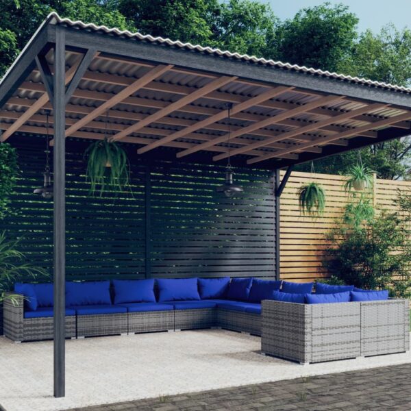 10-delige Loungeset met kussens poly rattan grijs