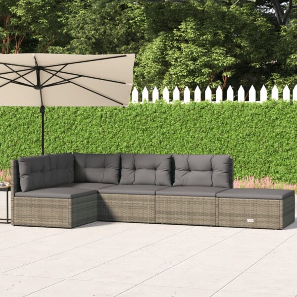 5-delige Loungeset met kussens poly rattan grijs