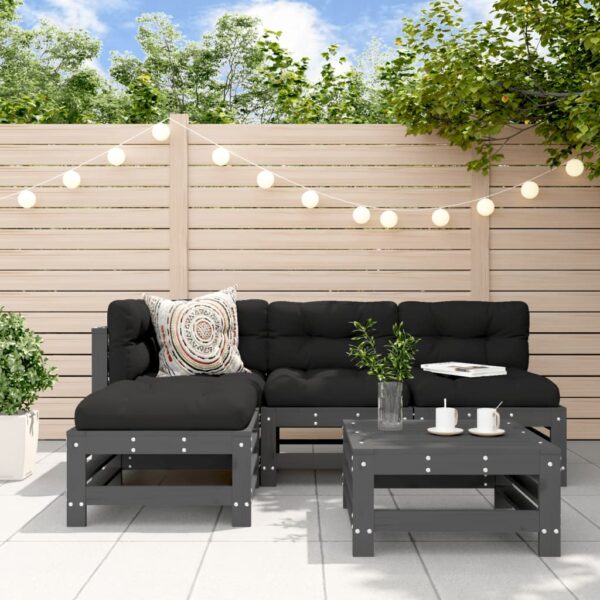 5-delige Loungeset met kussens massief hout grijs