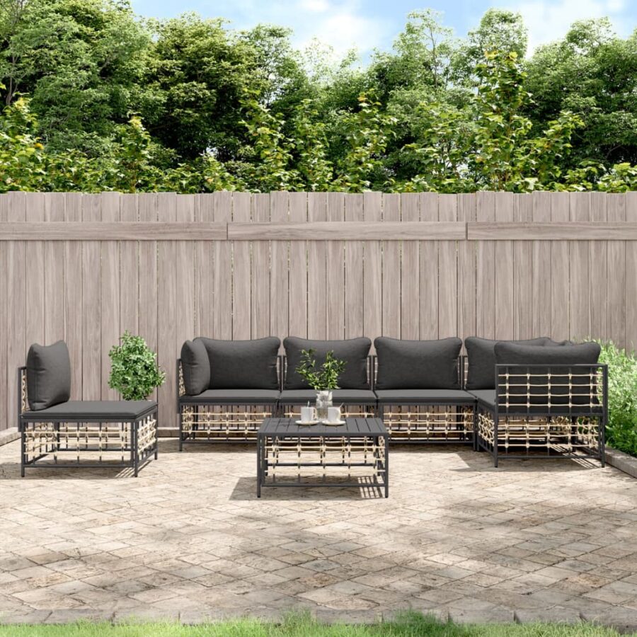 7-delige Loungeset met kussens poly rattan antracietkleurig
