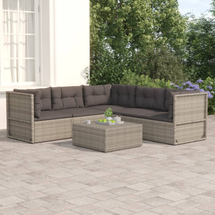 5-delige Loungeset met kussens poly rattan grijs