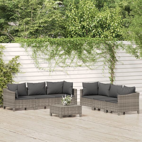 7-delige Loungeset met kussens poly rattan grijs
