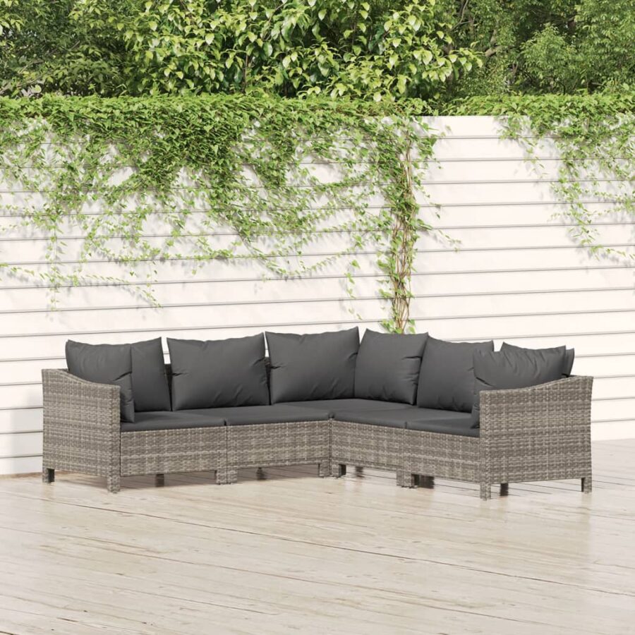 5-delige Loungeset met kussens poly rattan grijs