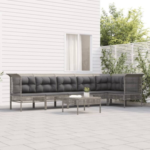 7-delige Loungeset met kussens poly rattan grijs