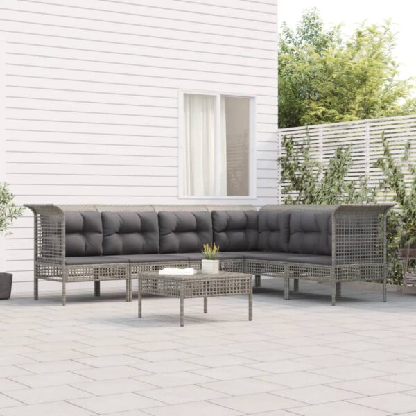7-delige Loungeset met kussens poly rattan grijs