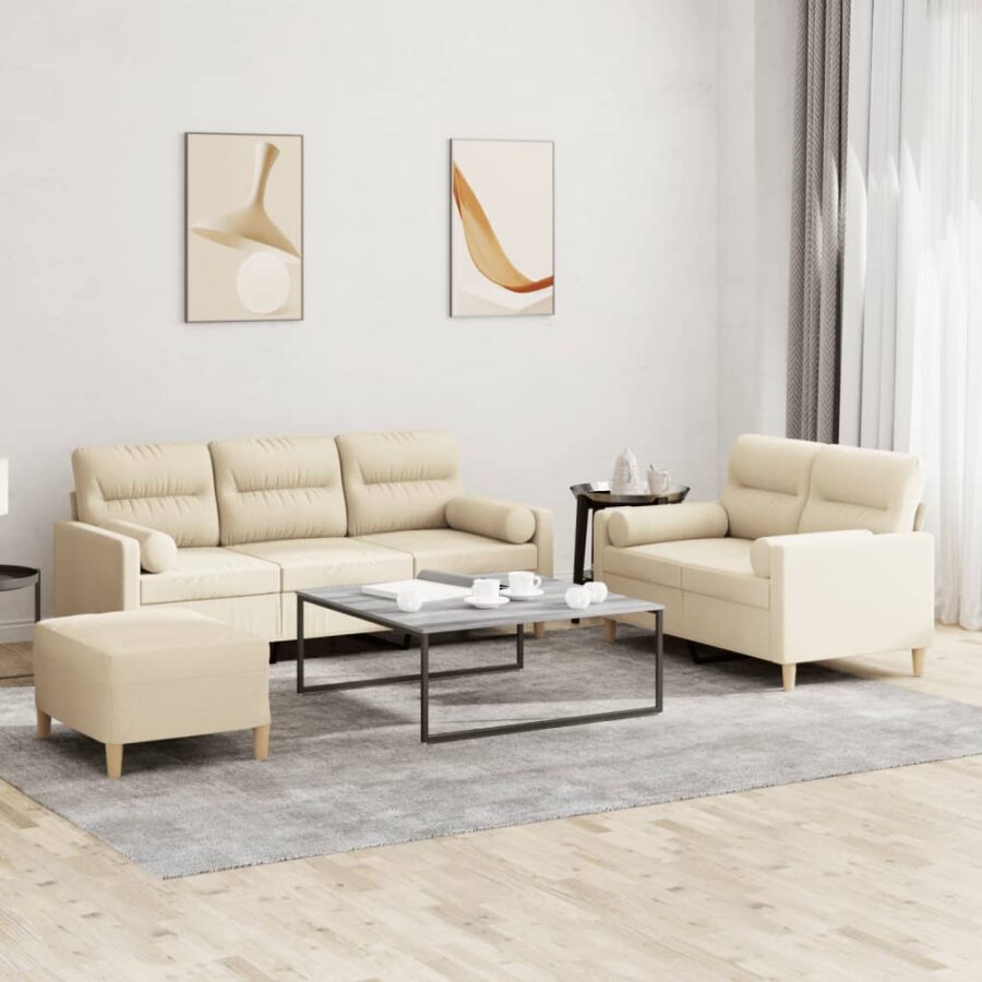 3-delige Loungeset met kussens stof crèmekleurig
