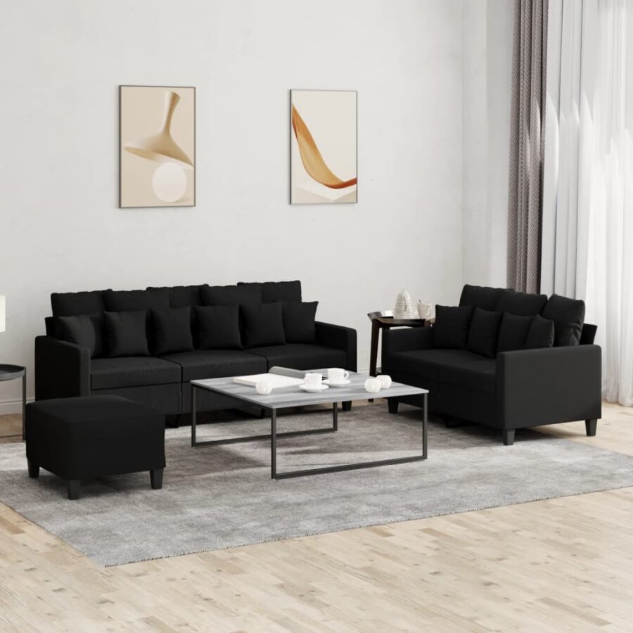 3-delige loungeset met kussens stof zwart