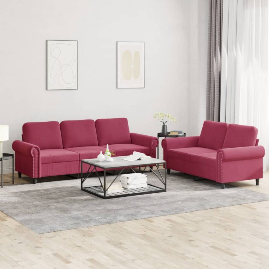 2-delige Loungeset met kussens fluweel wijnrood