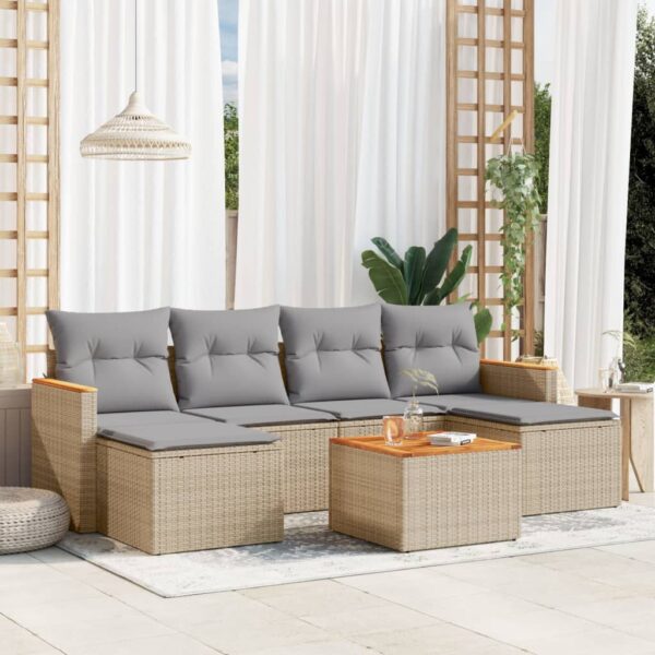 7-delige Loungeset met kussens poly rattan gemengd beige