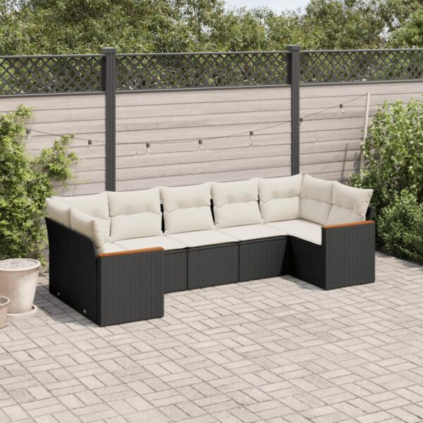 7-delige Loungeset met kussens poly rattan zwart